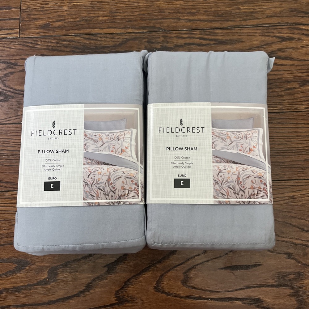 Set Of 2 Fieldcrest Euro Pillow Shams 100% Cotton Dusty Blue Quilted Arrow 26x26